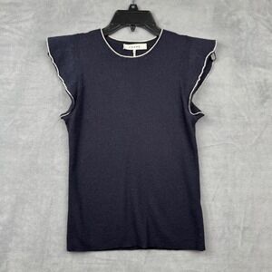 FRAME Navy Wool Ribbed Ruffle Sleeve Knit Top Sweater Size L‎ G